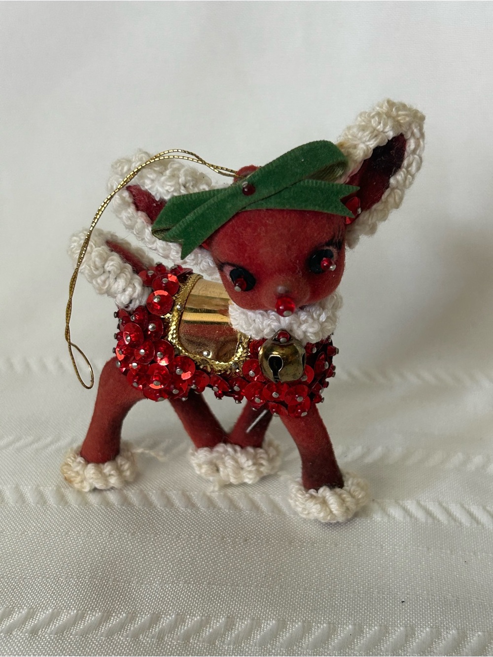 Vintage 70s Red Flocked Reindeer Christmas Ornament Pushpin Bead Gold Bell